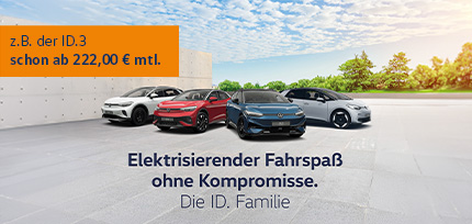 Die ID. Modelle nebeneinander mit B&auml;umen im Hintergrund