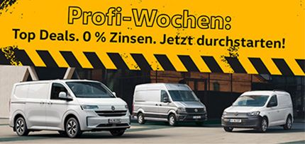 Transporter Kasten, Crafter und Caddy Cargo von links nach rechts nebeneinander in der Dreiviertelansicht von vorne parkend vor einem Geb&auml;ude